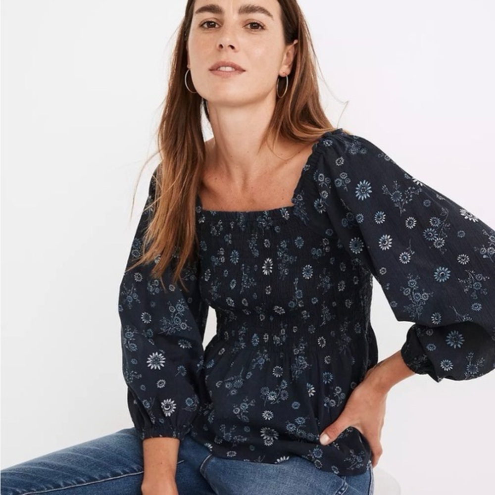 MADEWELL Navy Floral Blouse Lucie Smoked Peplum Top